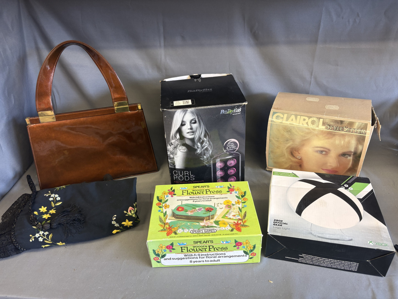 Vintage handbag, apron, household and electrical items