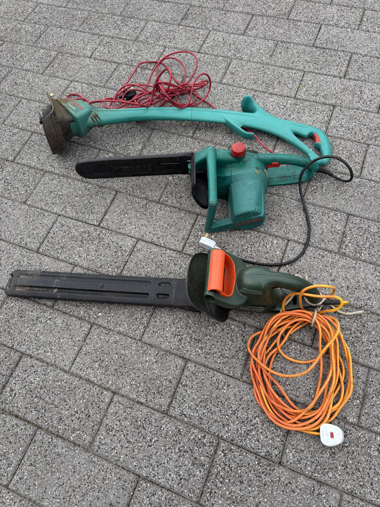 Bosch electric chain saw and Strimmer and black and decker hedge cutter