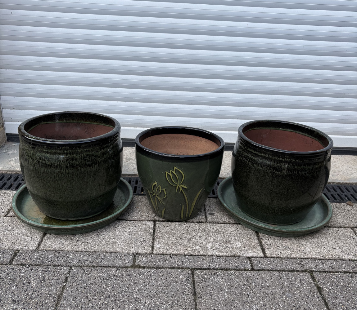 Lovely glazed green garden pots two with bases