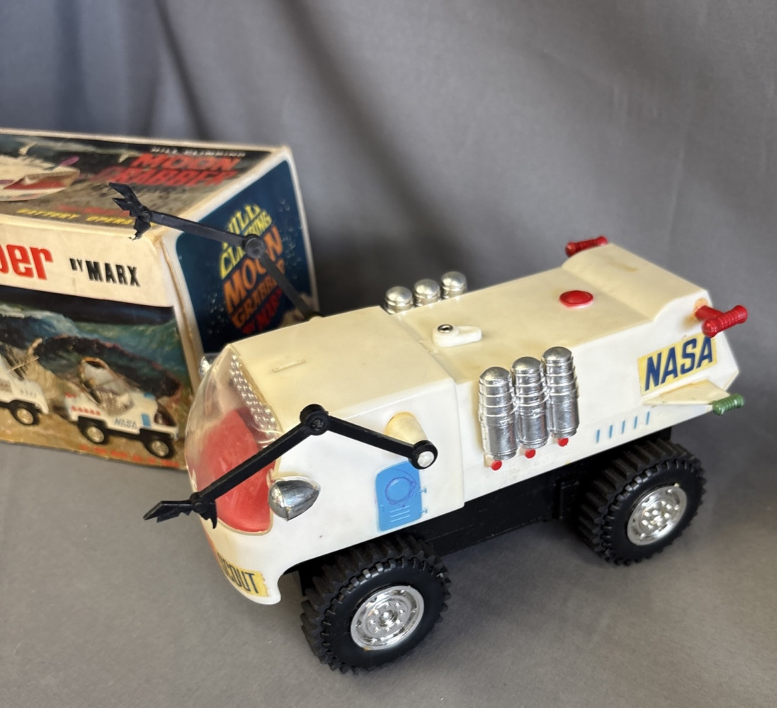 Boxed Vintage 1968 Marx Hill Climbing Moon Grabber and other boxed cars