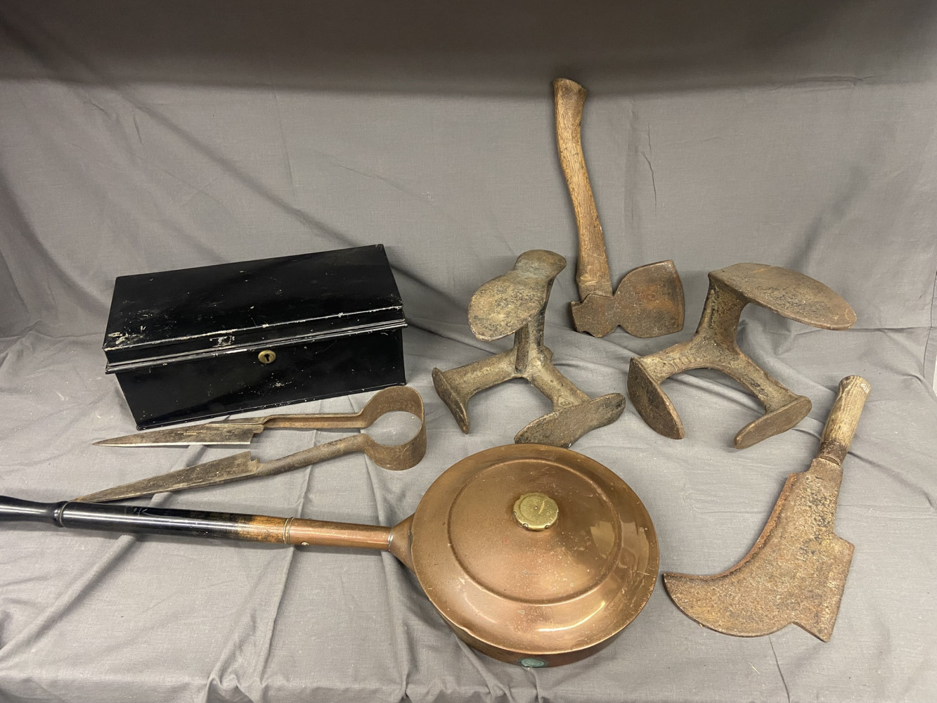 Collection of Vintage Metalware, warming pan, safe box etc