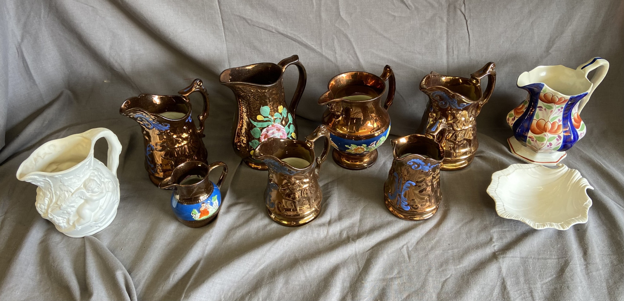 Collection of seven Lustre Jugs, jug, salt glazed jug and dish
