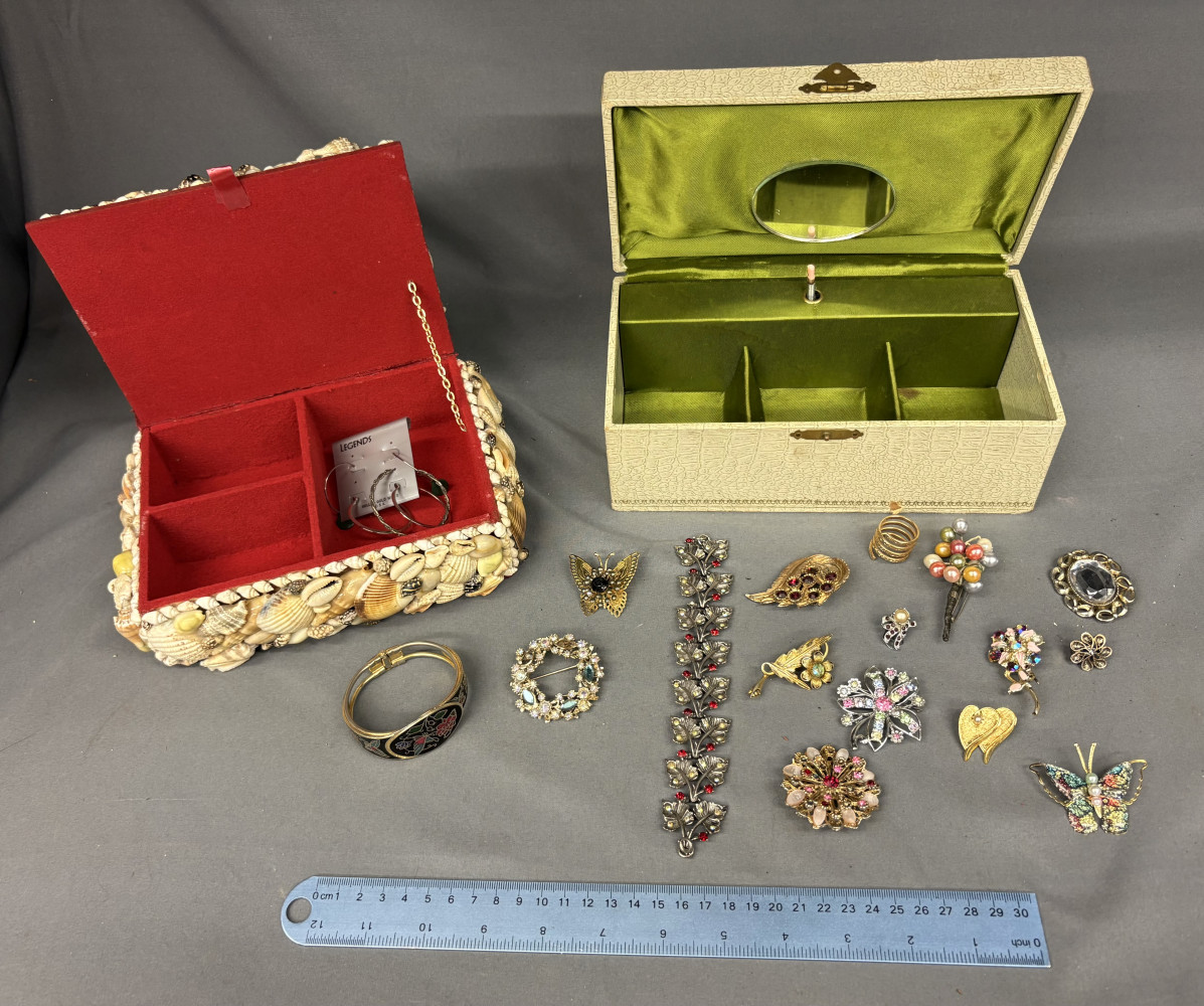 Lot of collectable brooches and other mixed jewellery and two jewellery boxes one covered in shells