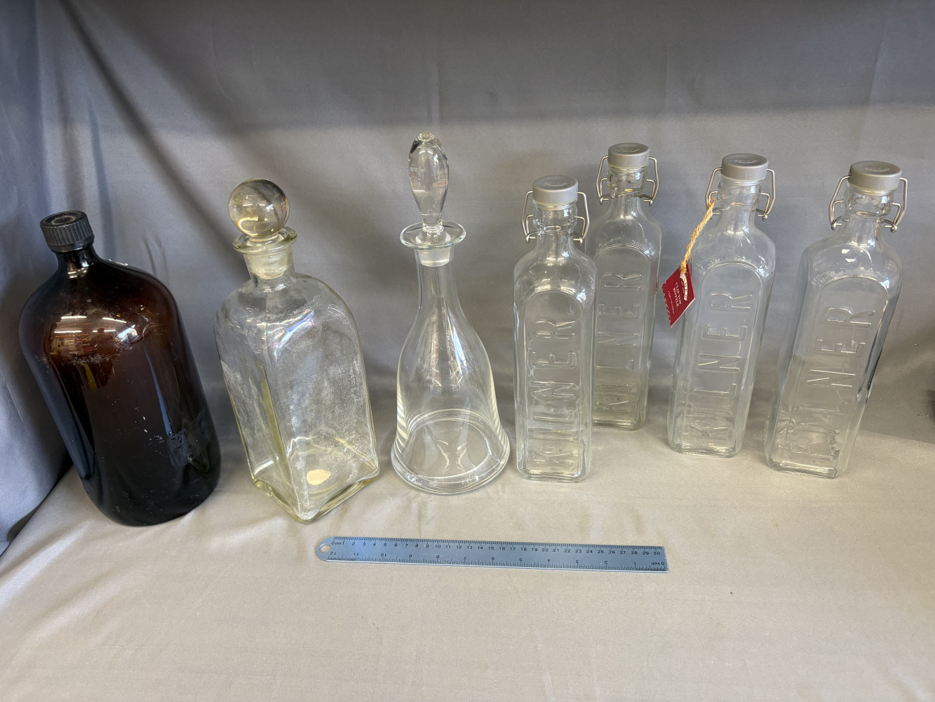 Bell shaped decanter, square decanter, large vintage apothecary bottle and four clear glass Kilner Clip Top Bottles