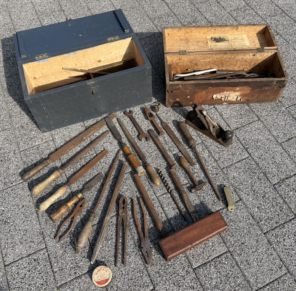 Two old small carpenters tool boxes with tools