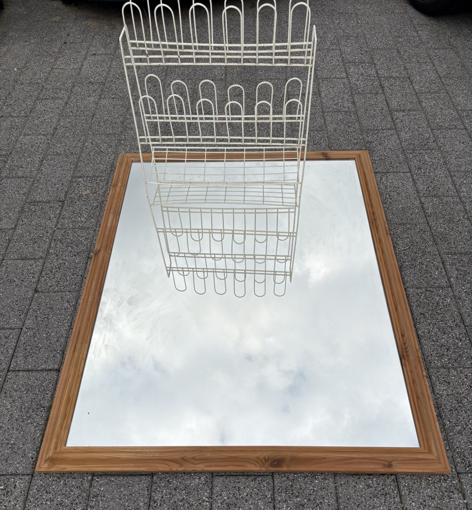 Very large 133 x 103 cms pine framed mirror and shoe rack