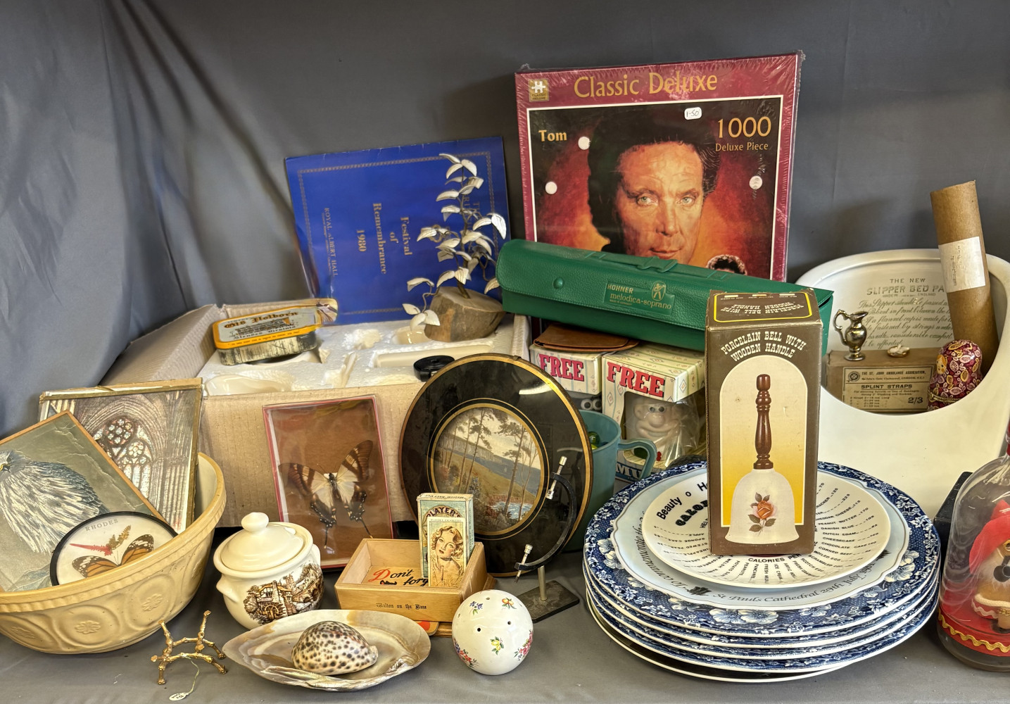 Huge mixed household lot, including ceramic bed pan, tom jones puzzle, boxed tea set, and loads of other mixed household items