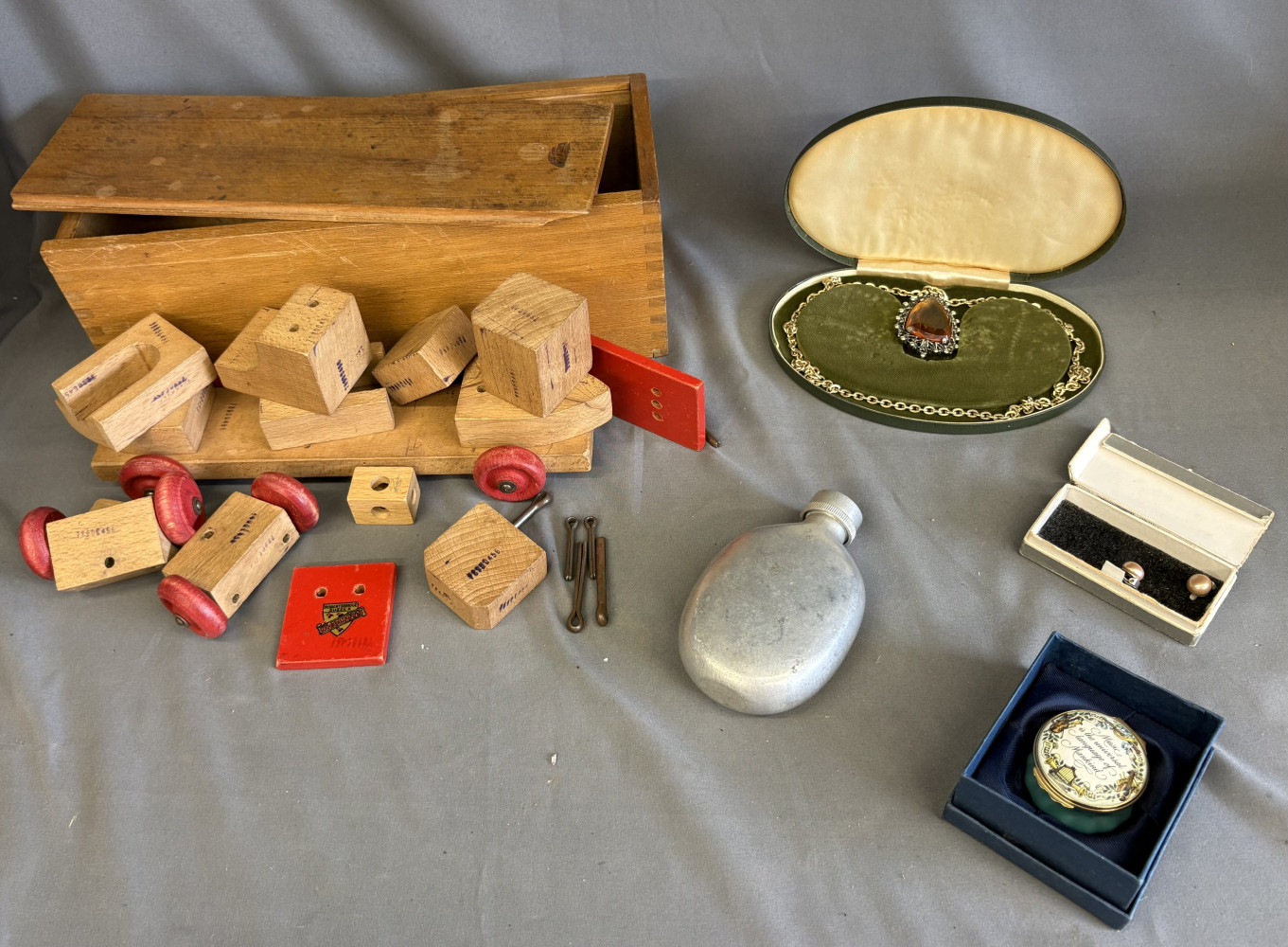 Vintage Nicol Toys of Sussex Wooden Block Set, costume jewellery and hip flask