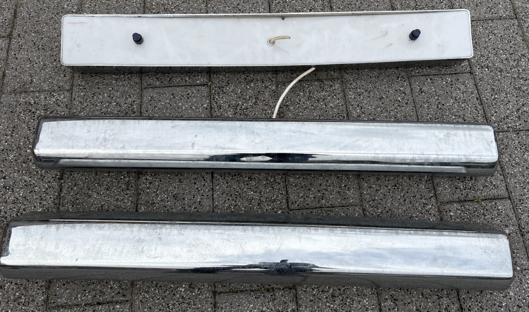 Three large wall mounted lights from a car dealership 86cms long