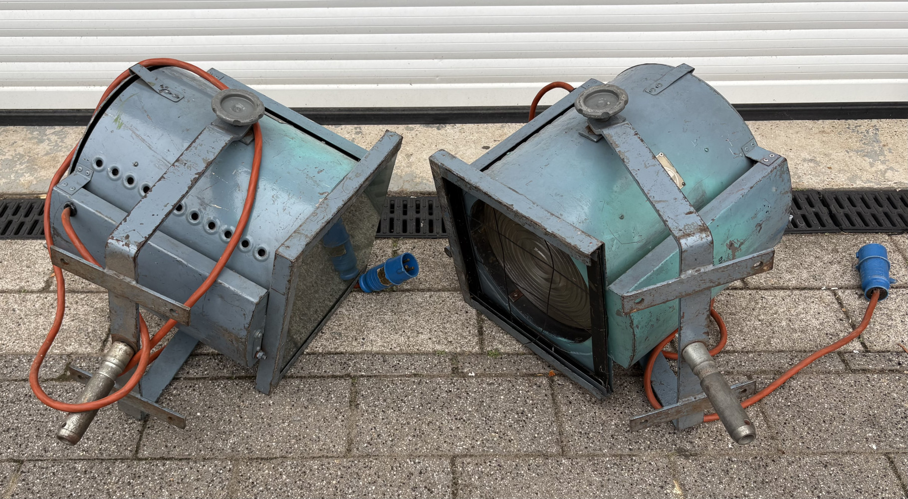 Pair of large vintage Strand Electric theatrical stage spotlights