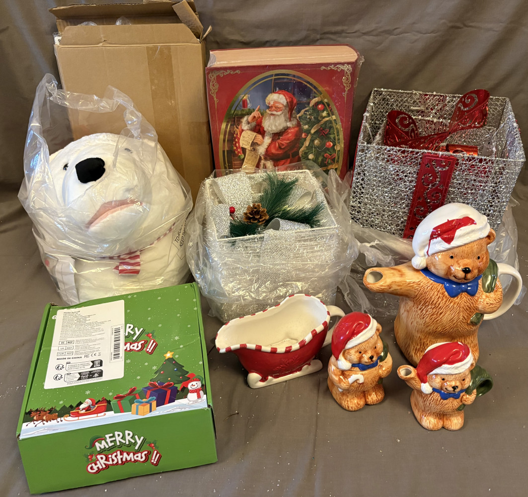 Decorative Christmas Boxes and tins, large Polar bear head and tea pot and accessories