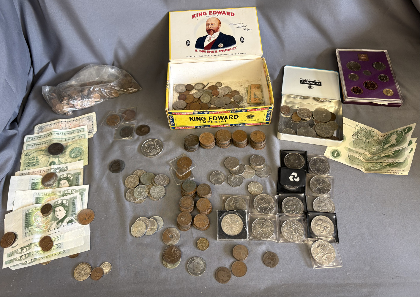 Large collection of old Bank notes, commemorative coins, collectable coin sets and other loose old English coins