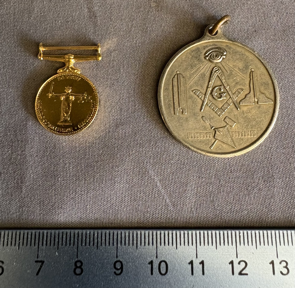 Vintage Masonic commemorative medal and a commemorative Magistrates Service Medal