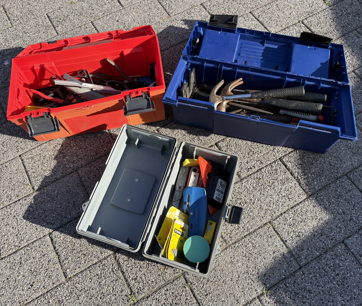 3 tool boxes, one full of chisels and hammers, Stanley knives, blades, cutters and pliers