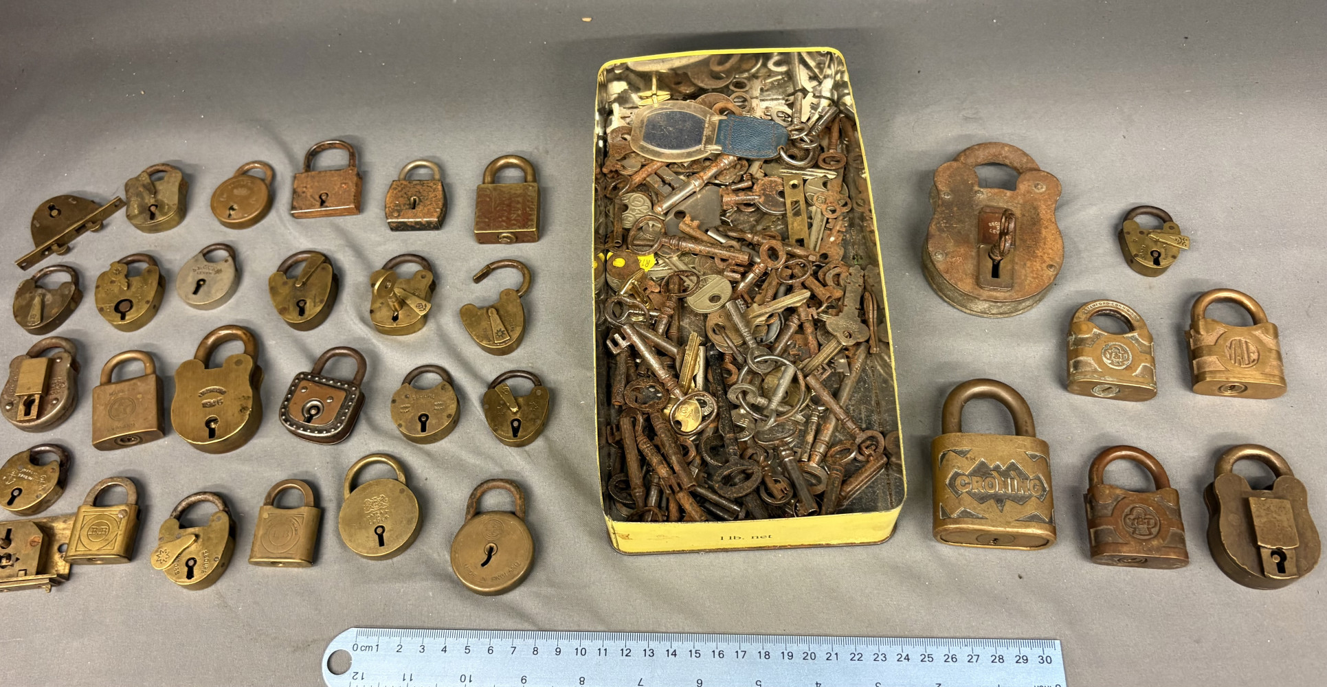 Large lot of antique/ Victorian Padlocks and box of keys,
