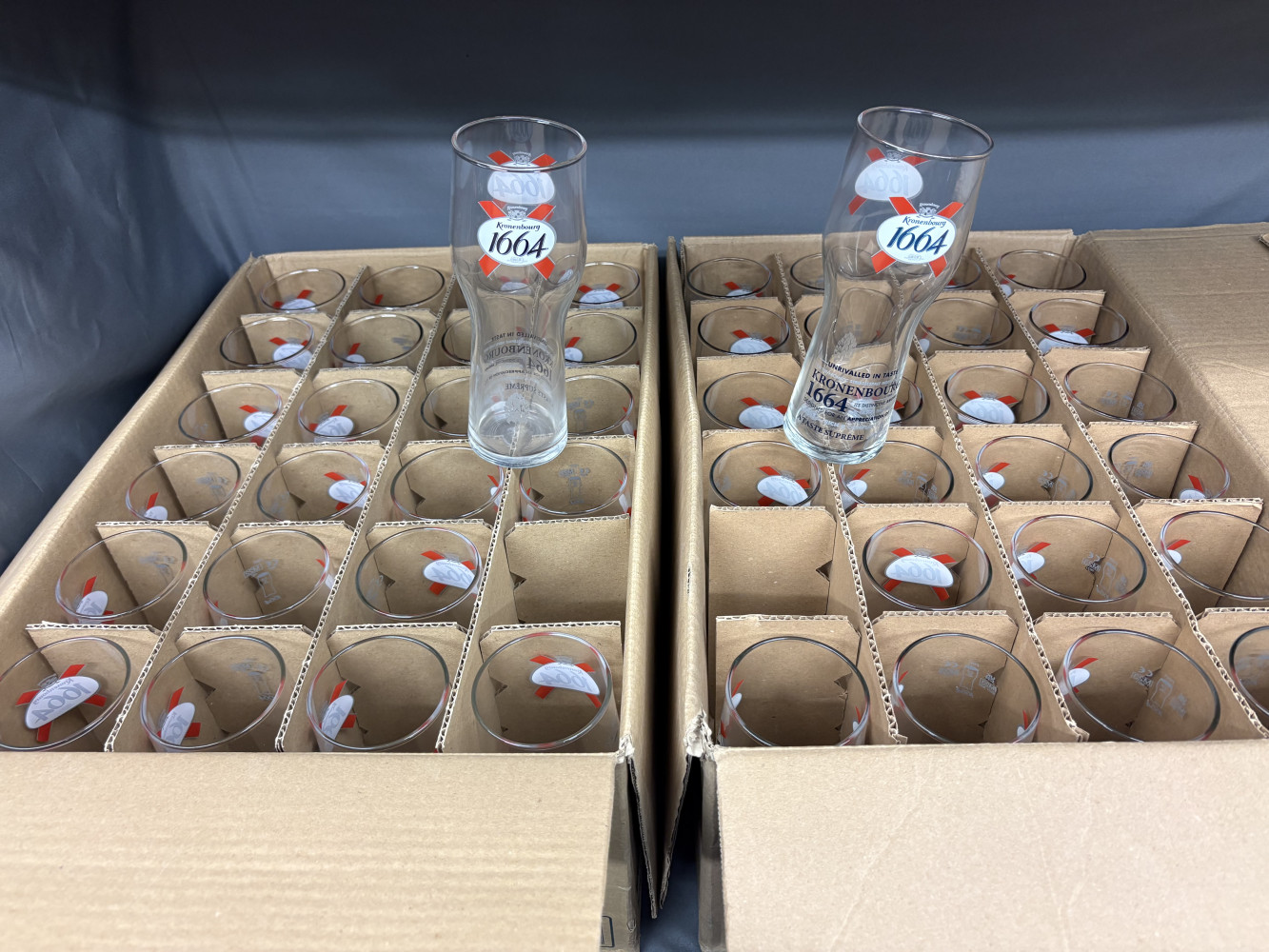 48 Kronenbourg 1664 pint glasses in two different styles