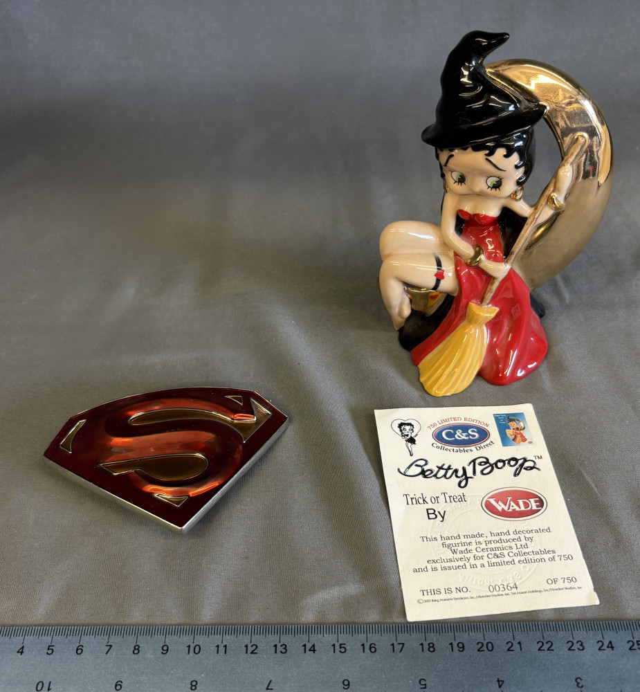 Limited edition Wade Betty Boop "Trick or Treat" ceramic figurine and a Superman belt buckle