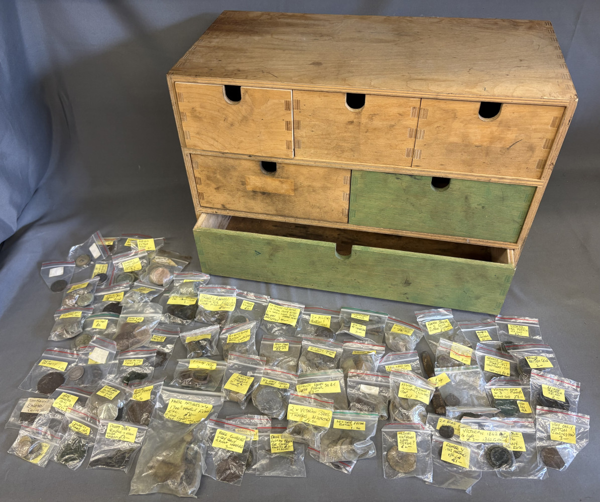 Wooden box filled with Mudlarking finds