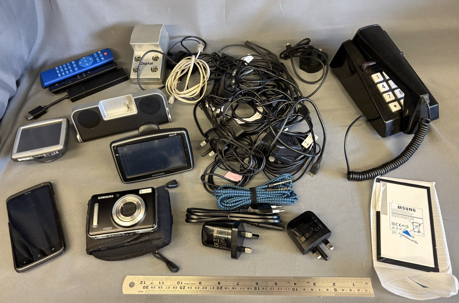 Vintage Trimphon phone, cameras, phone and other electrical items