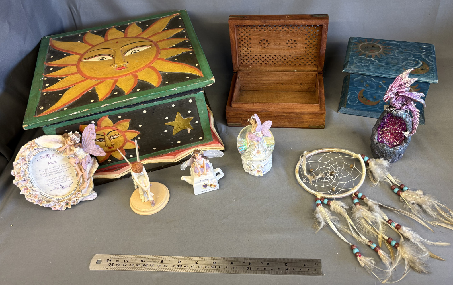 Wooden boxes one hand painted with sunflower, dragon and various fairy figures