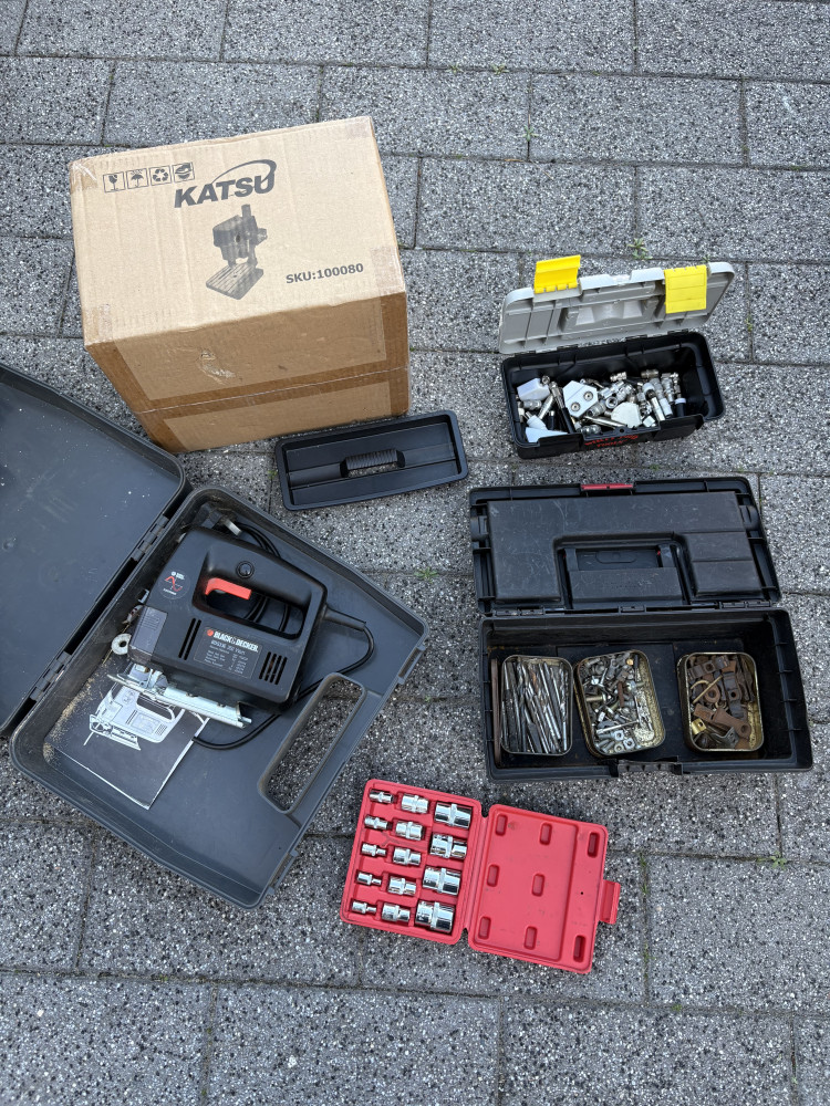 New in box pillar drill, sockets, jigsaw and two small tool boxes