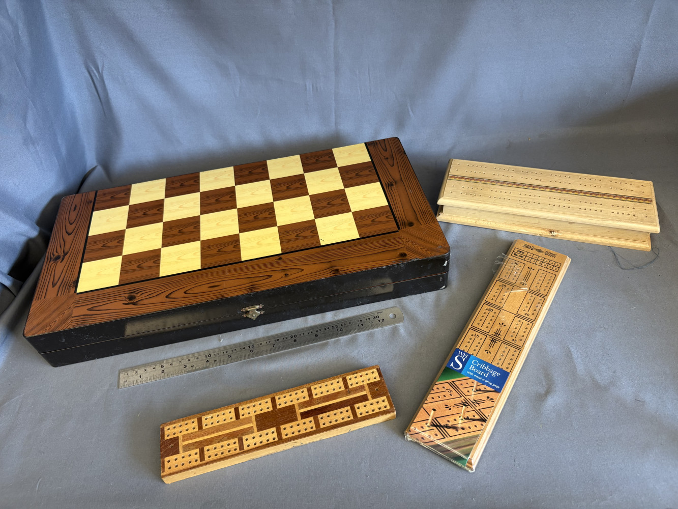 Wooden folding chess and board game box and Wooden cribbage boards