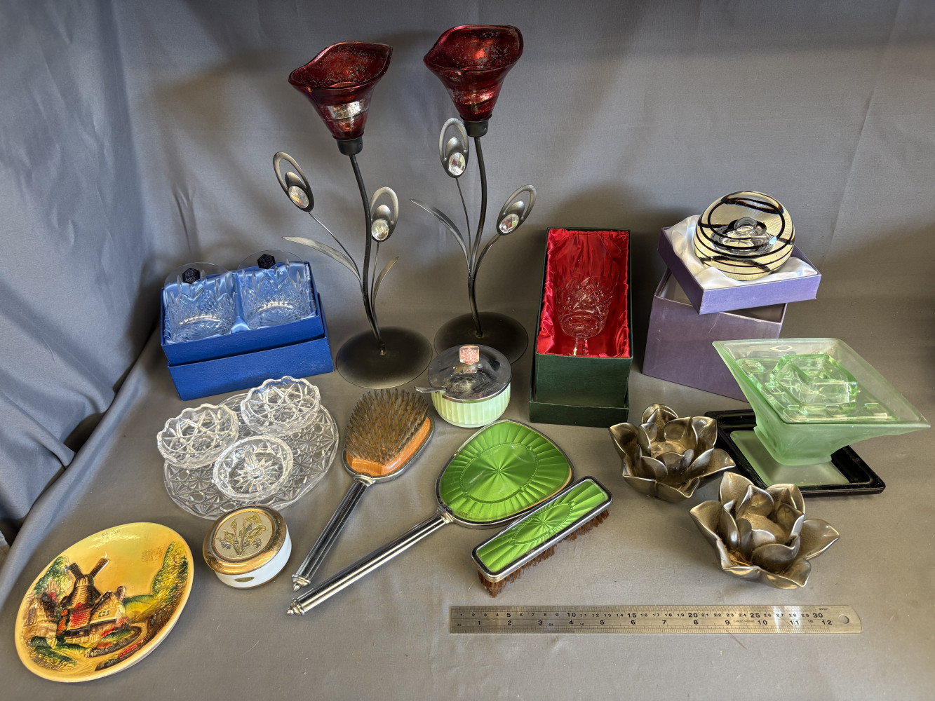 Dressing table set, crystal glasses, candle holders, and other collectables