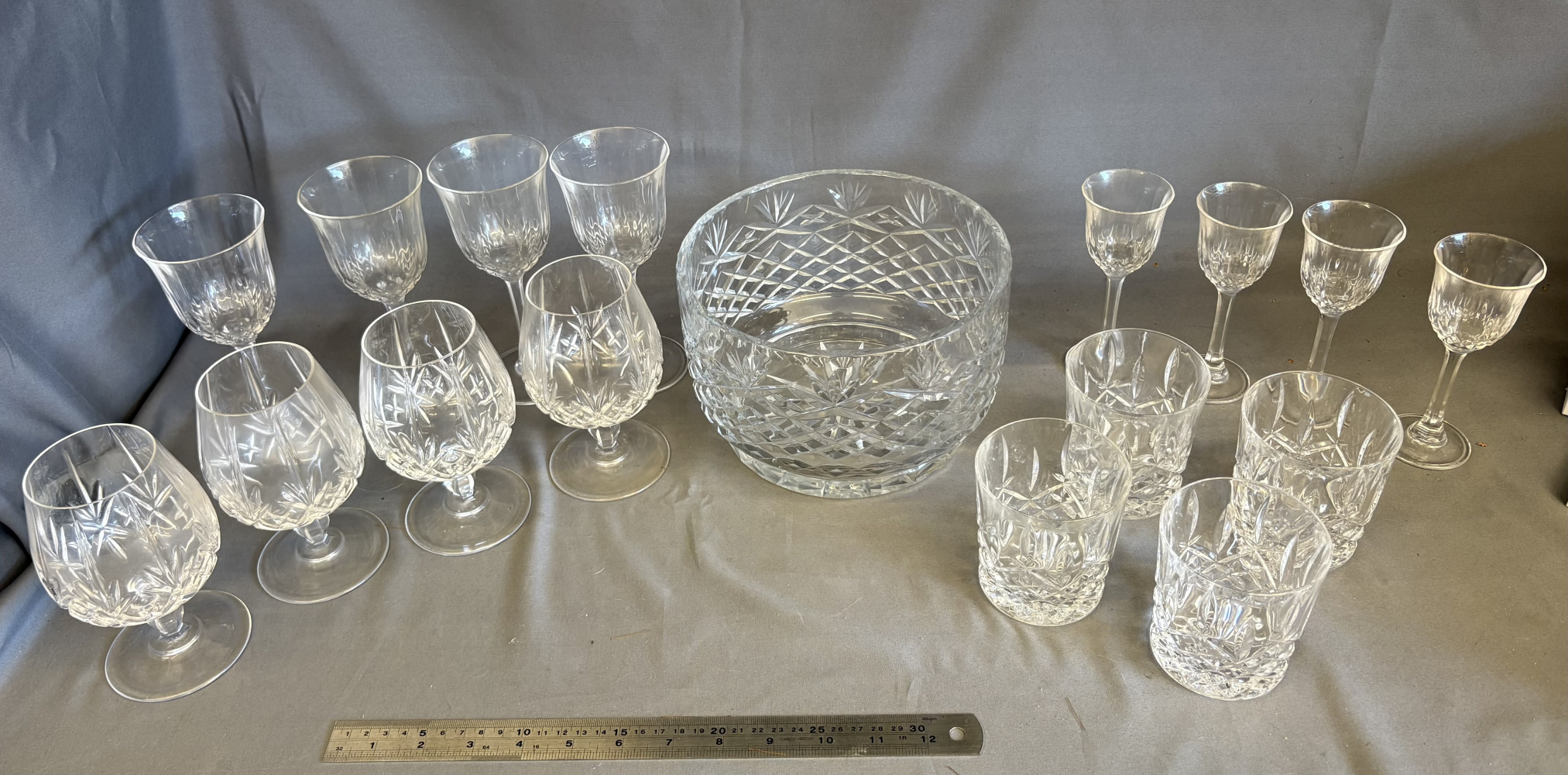 Crystal bowl and mixed crystal and glass glasses