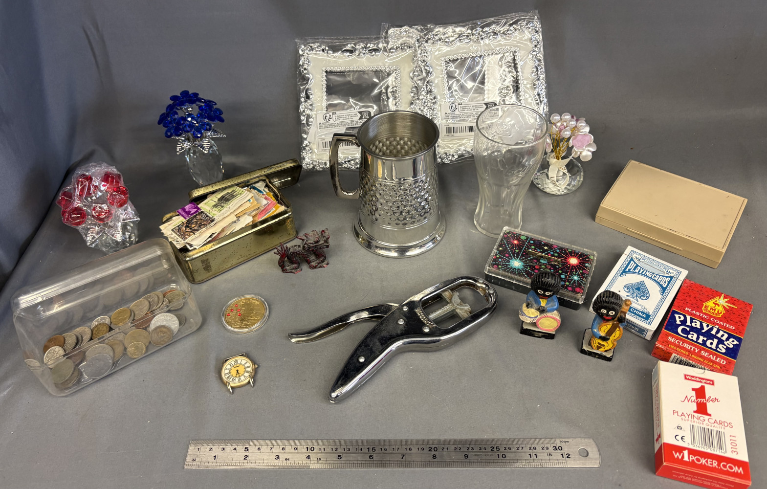 Vintage "Crackerjack" ratcheting nut crackers, stamps, coins, playing cards and other mixed items