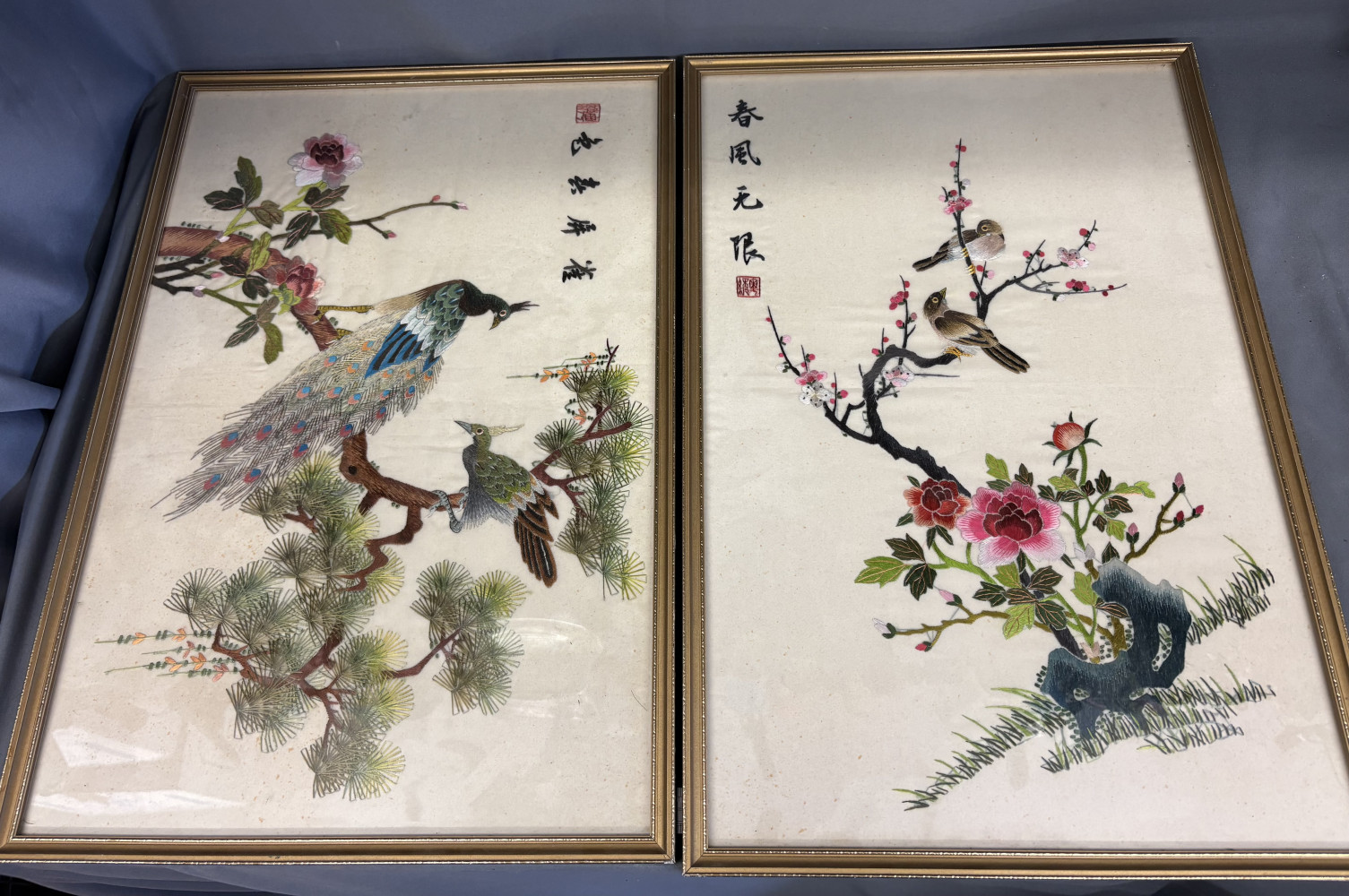 Two Original Japanese Framed Silks 55 x 38cms
