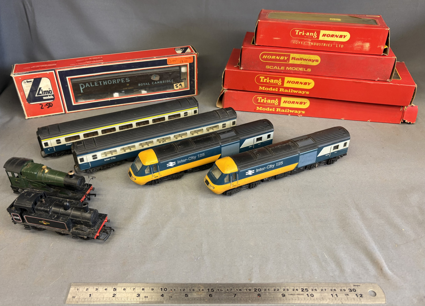 Hornby intercity trains, two other trains, empty boxes and boxed carriage