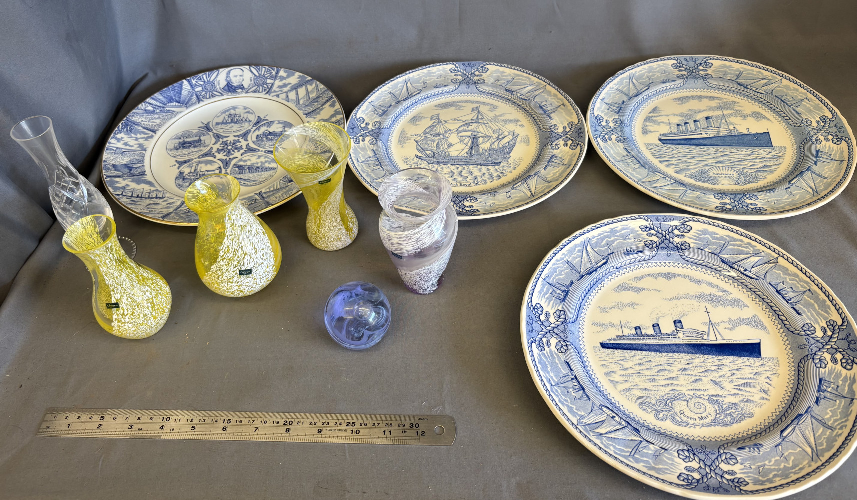 Caithness vases, paperweight and four Mason's Ironstone blue-and-white plates