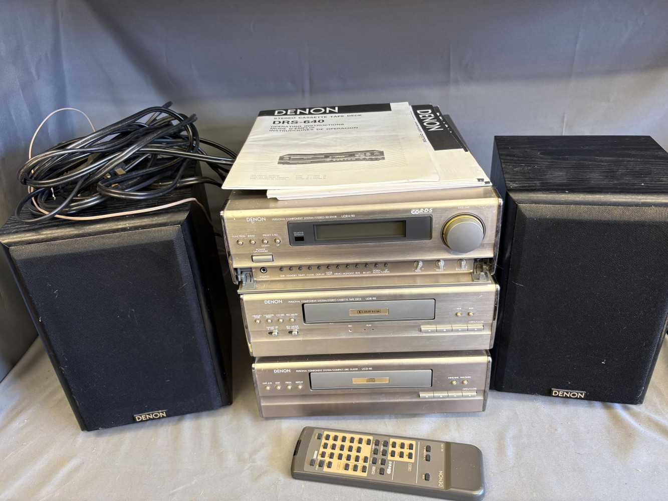 Vintage Denon D-90 System, Top Unit: Denon UDRA-90 Stereo Receiver / Amplifier with built-in tuner and phono input, Middle Unit: Denon UDR-90 Cassette Tape Deck, Bottom Unit: Denon UCD-90 Compact Disc (CD) Player