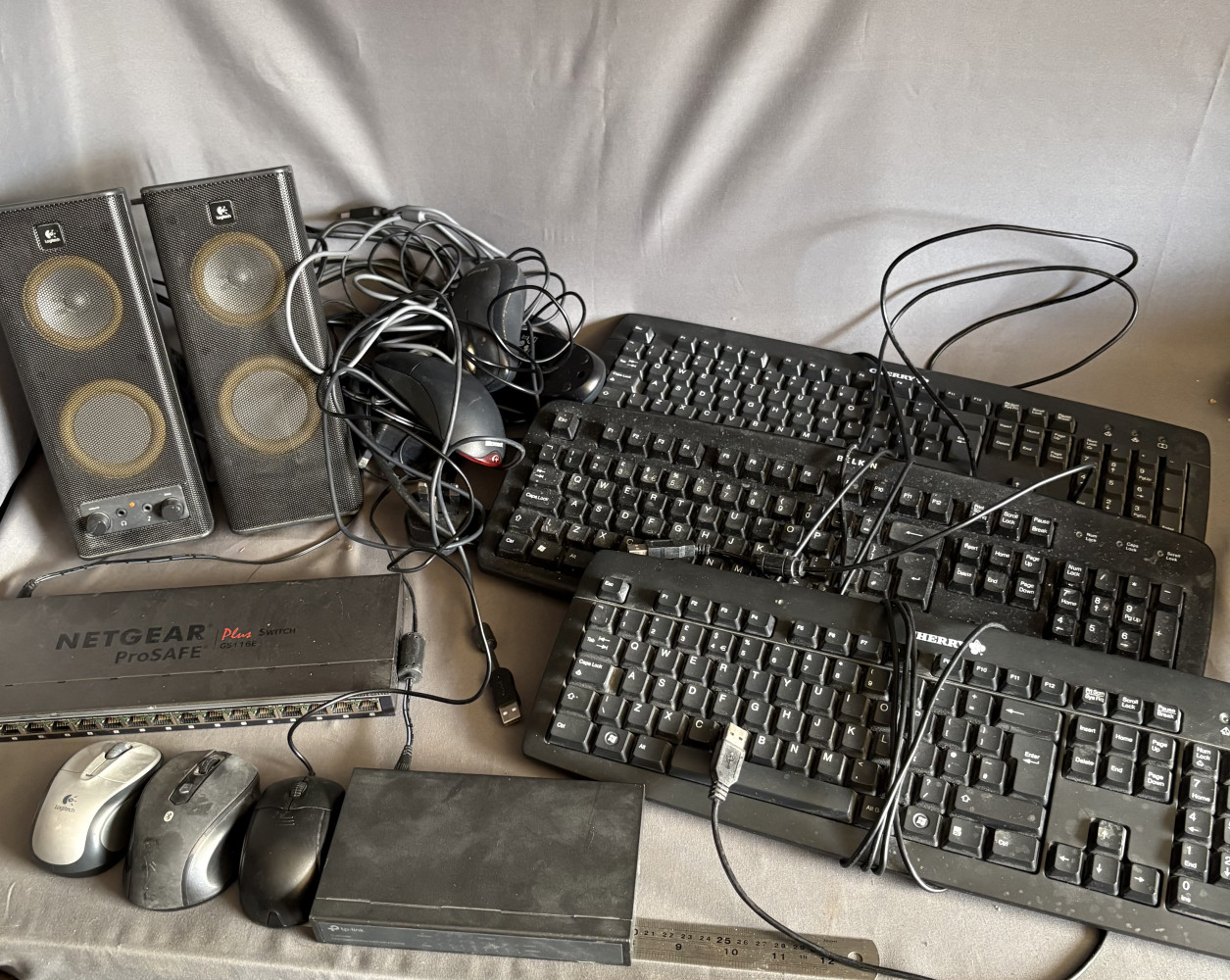 Pair of Logitech X-140 multimedia computer speakers, a Netgear ProSafe GS116E, a 16-port Gigabit Smart Managed Plus Ethernet switch, a TP-Link TL-SG1008P 8-Port Gigabit Desktop Switch and 3 keyboards and mouses and cables