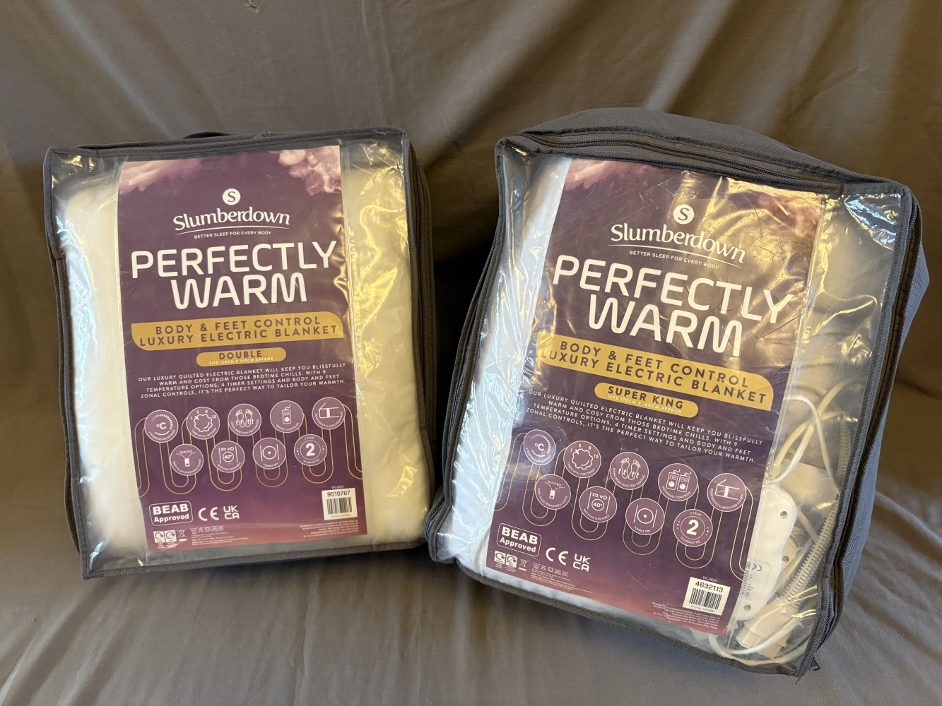 Two Slumberdown Perfectly Warm Body & Feet Control Luxury Electric Blanket one Super King and one Double