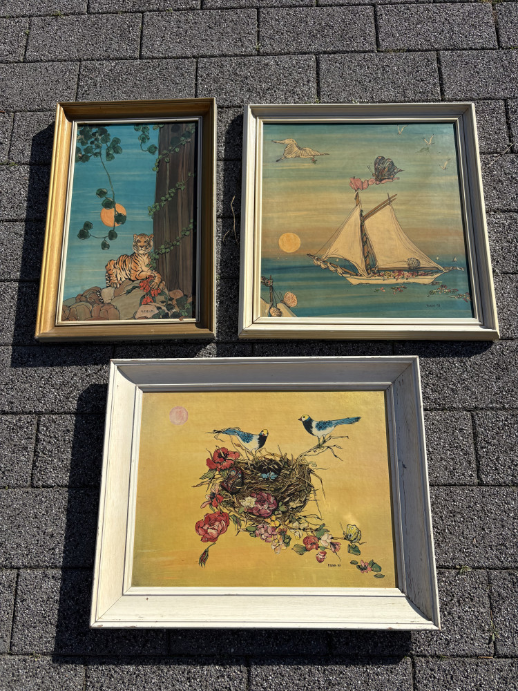 Three vintage prints titled by the British-American artist and illustrator Fleur Cowles