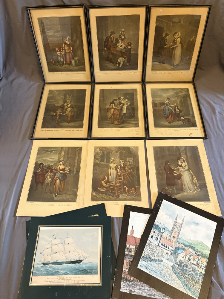 9 The Cries of London pictures six are framed and other lose pictures