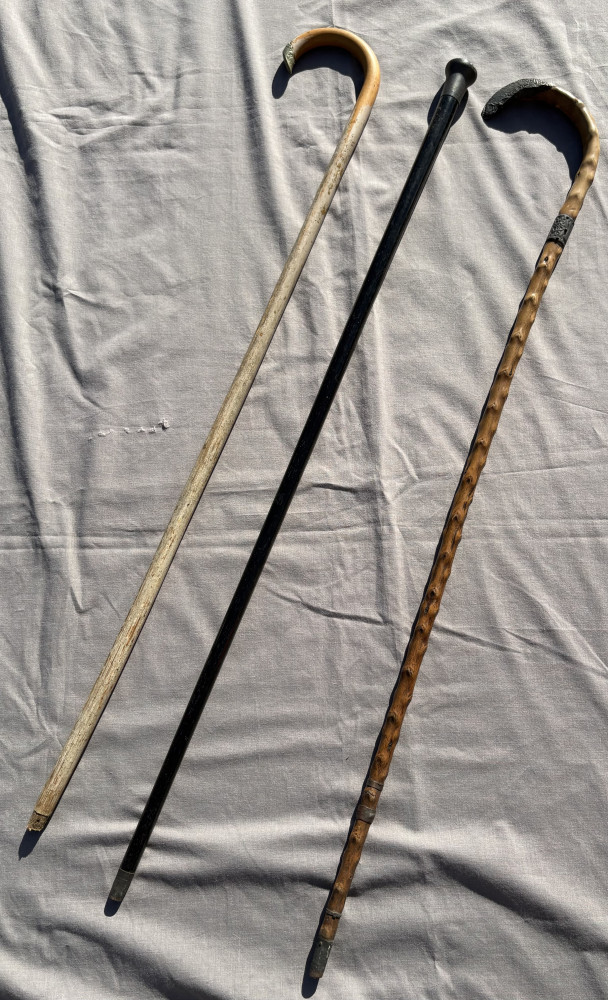Three walking sticks the walking cane has silver top