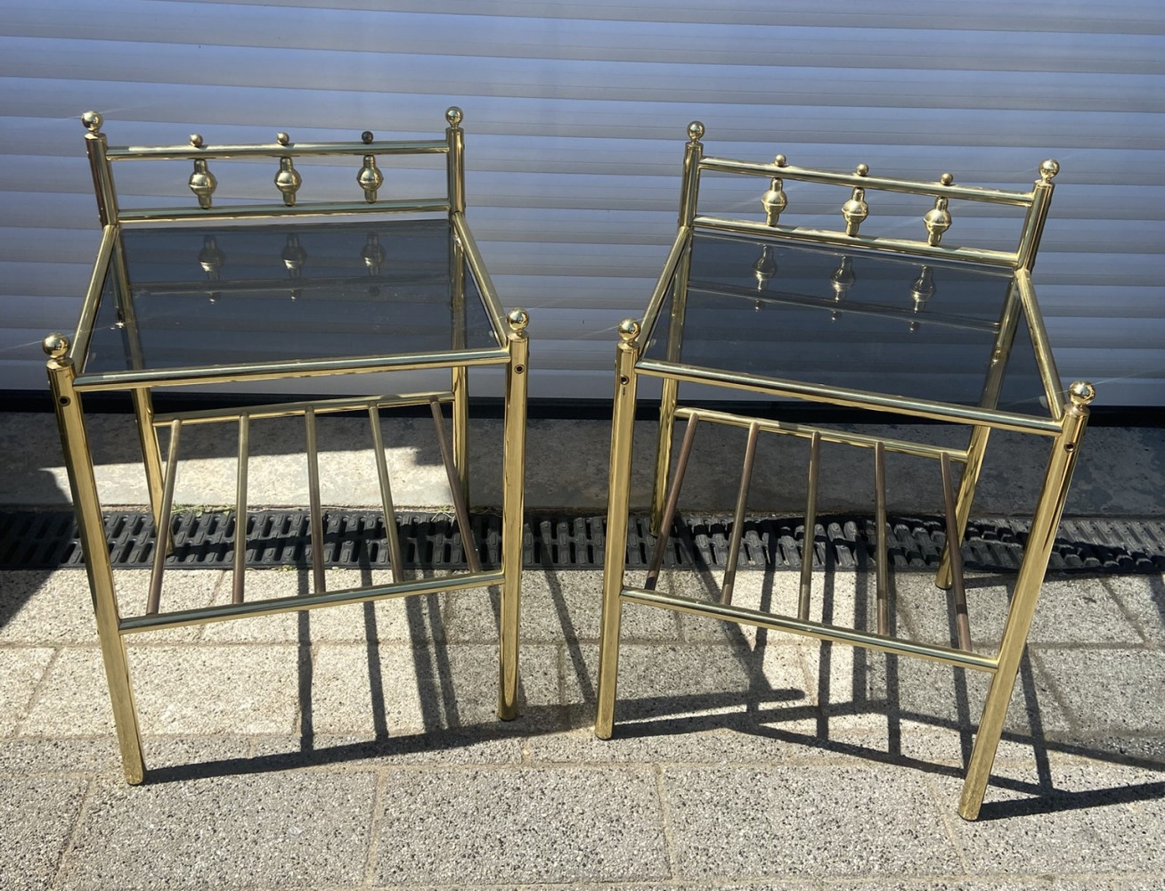 2 Brass bedside tables with smoked glass tops 