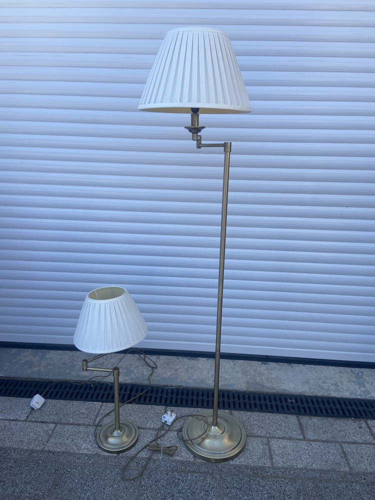 2 brass swing lamps one standing and one table matching set