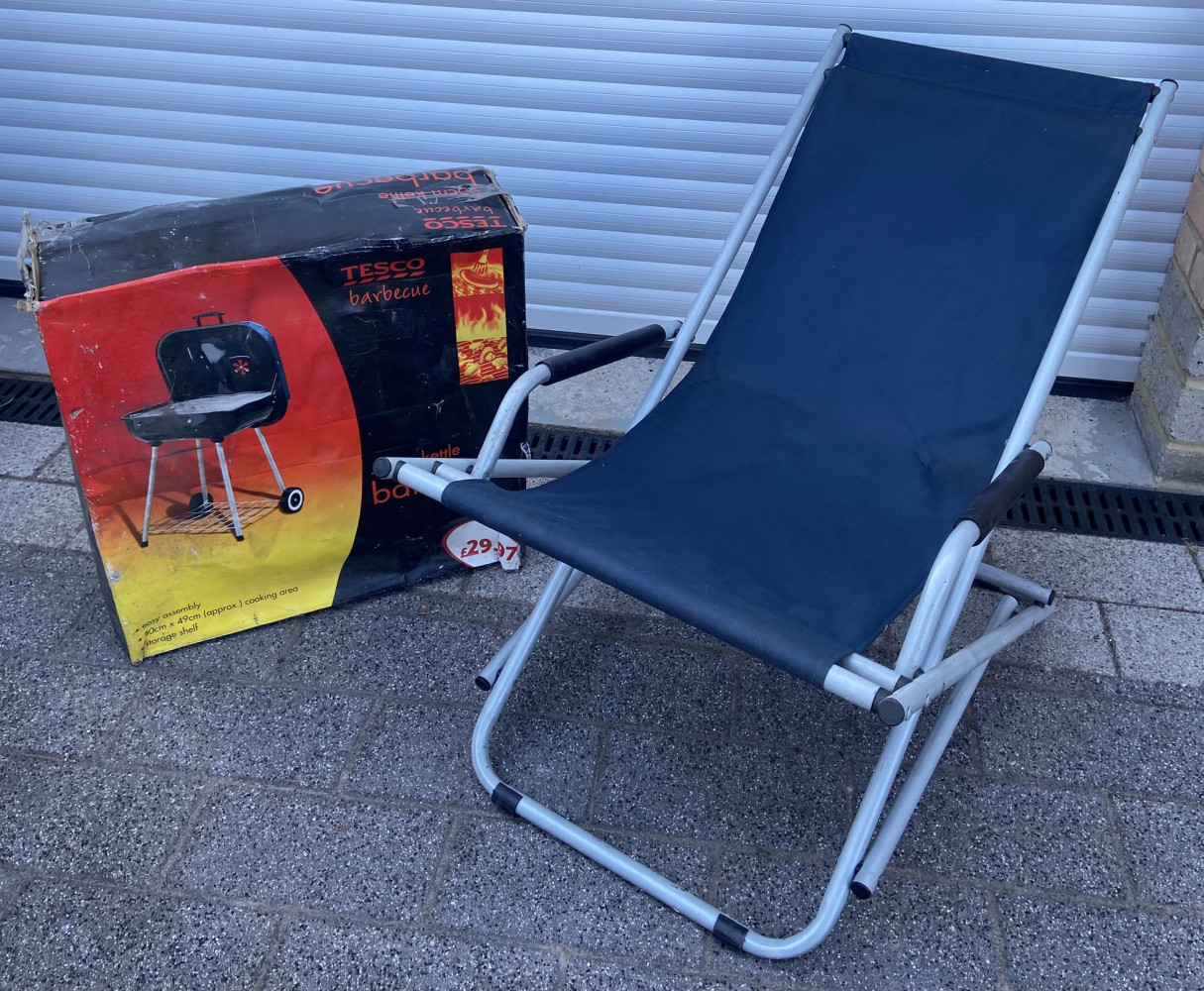 Folding garden rocking chair and unused BBQ