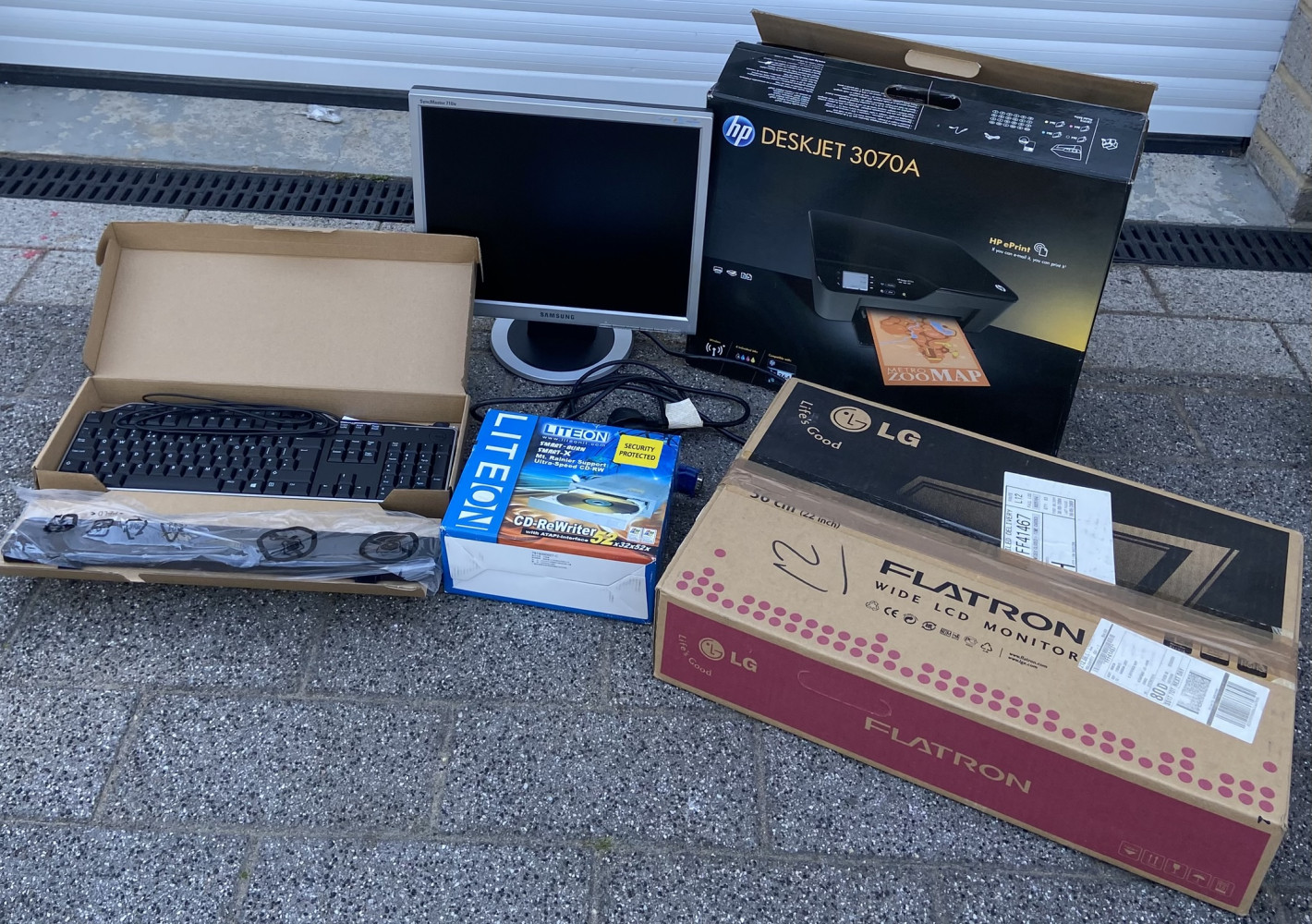 Large lot of Computer Equipment inc CD burner, Monitors and Printer