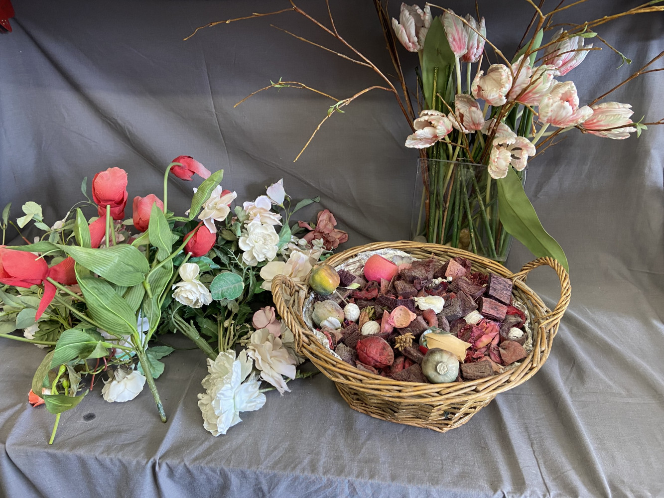 Wicker basket with Potpourri and fake flowers