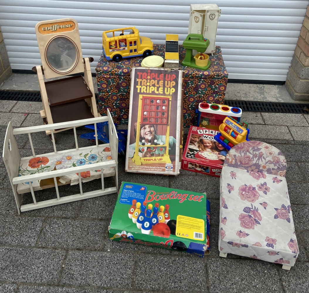 Large collection of Vintage toys and games in toy box 