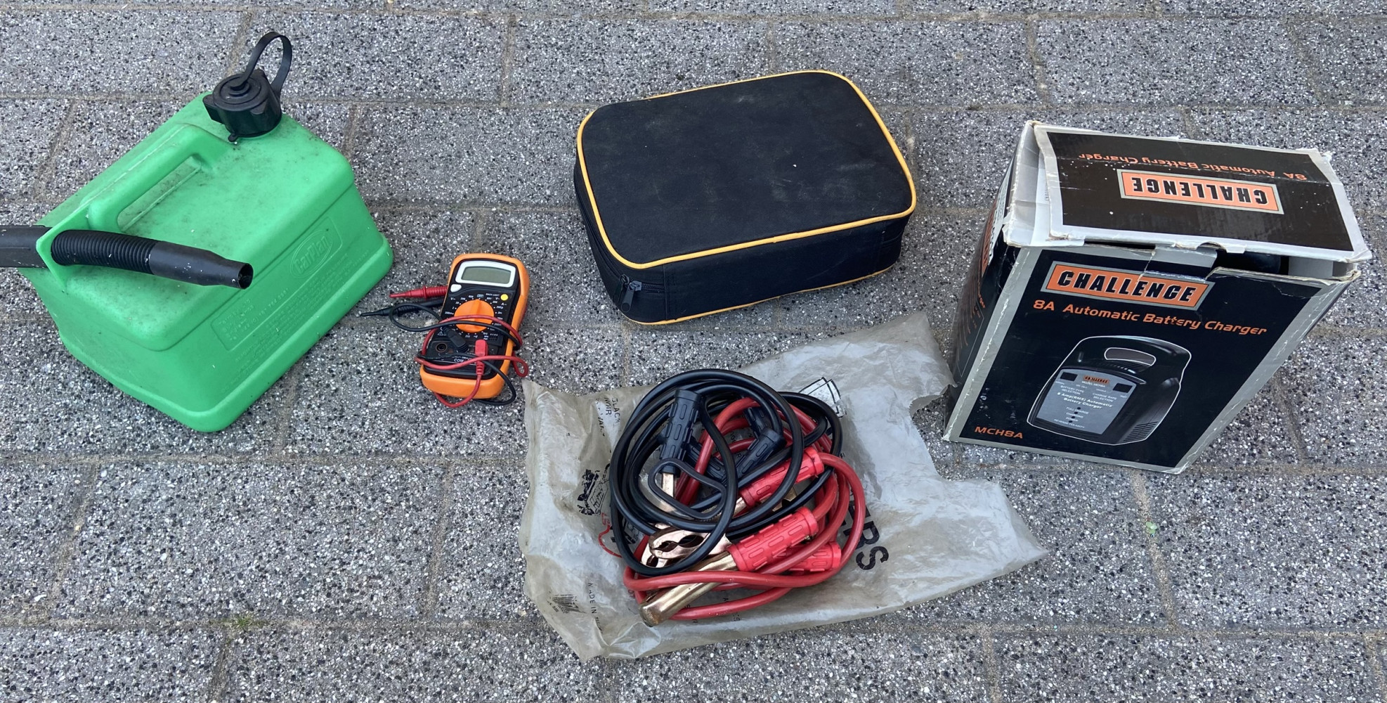 Car charger, leads, fuel can, multimeter and tool kit