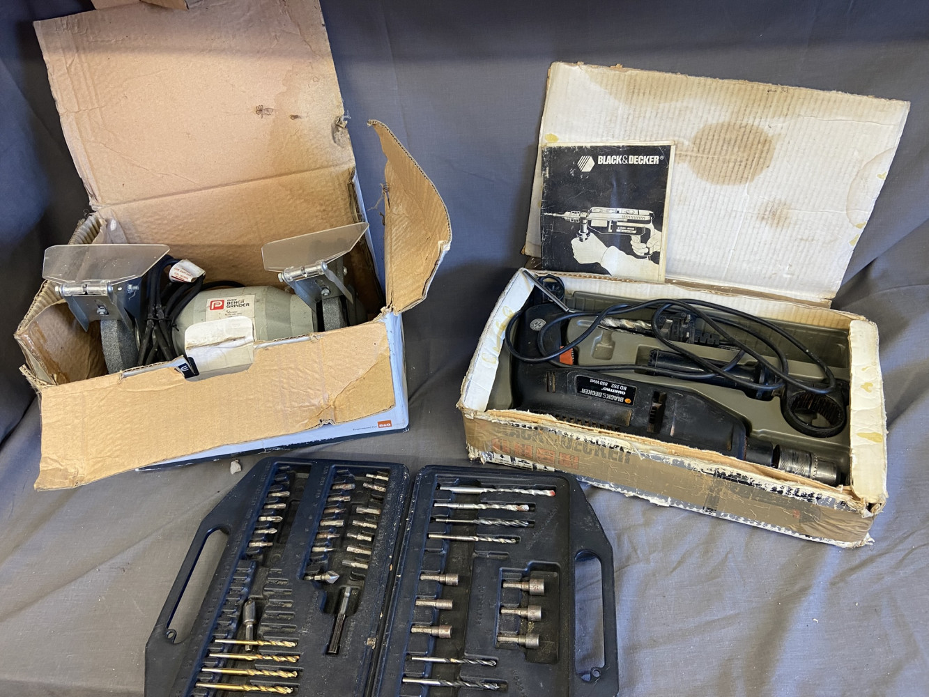 Bench Grinder, electric drill and drill bits
