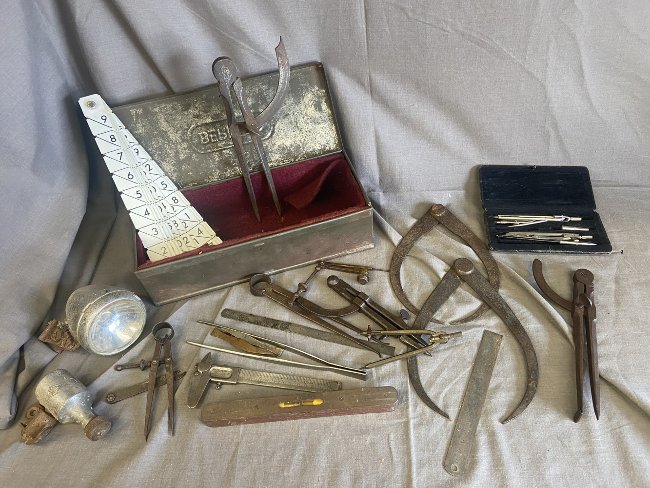 Vintage bike light and Dynamo and large set of Measuring equipment