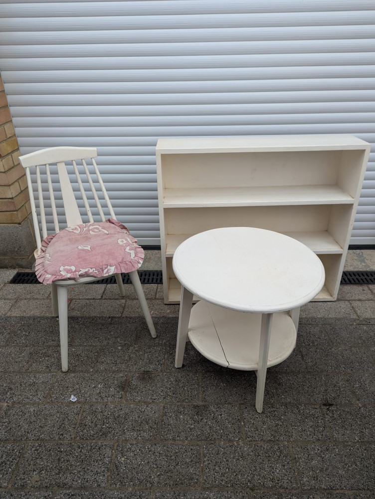 Bookcase, side table and stick back chair