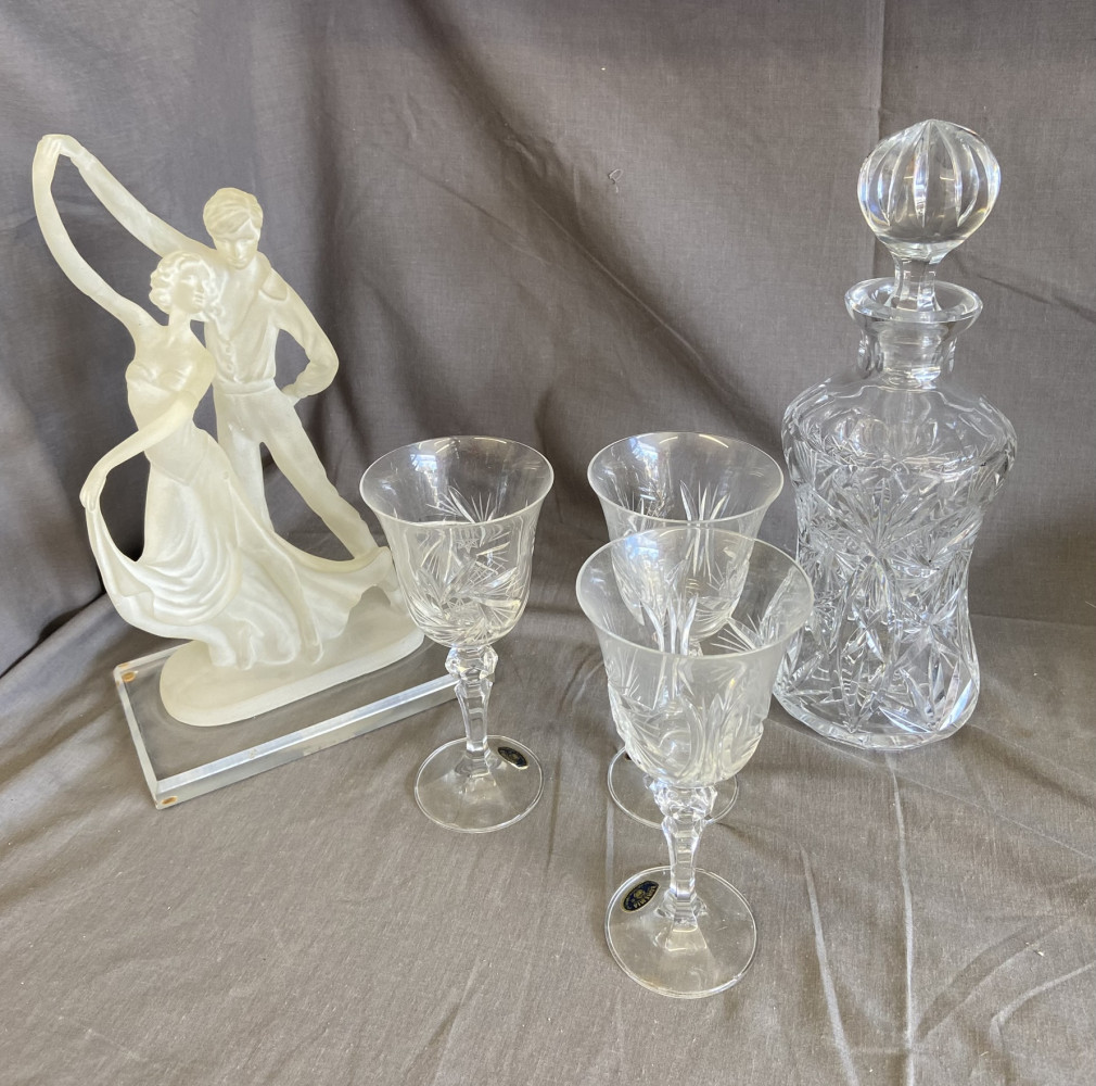 Cut Glass decanter, 3 glasses and dancing figure