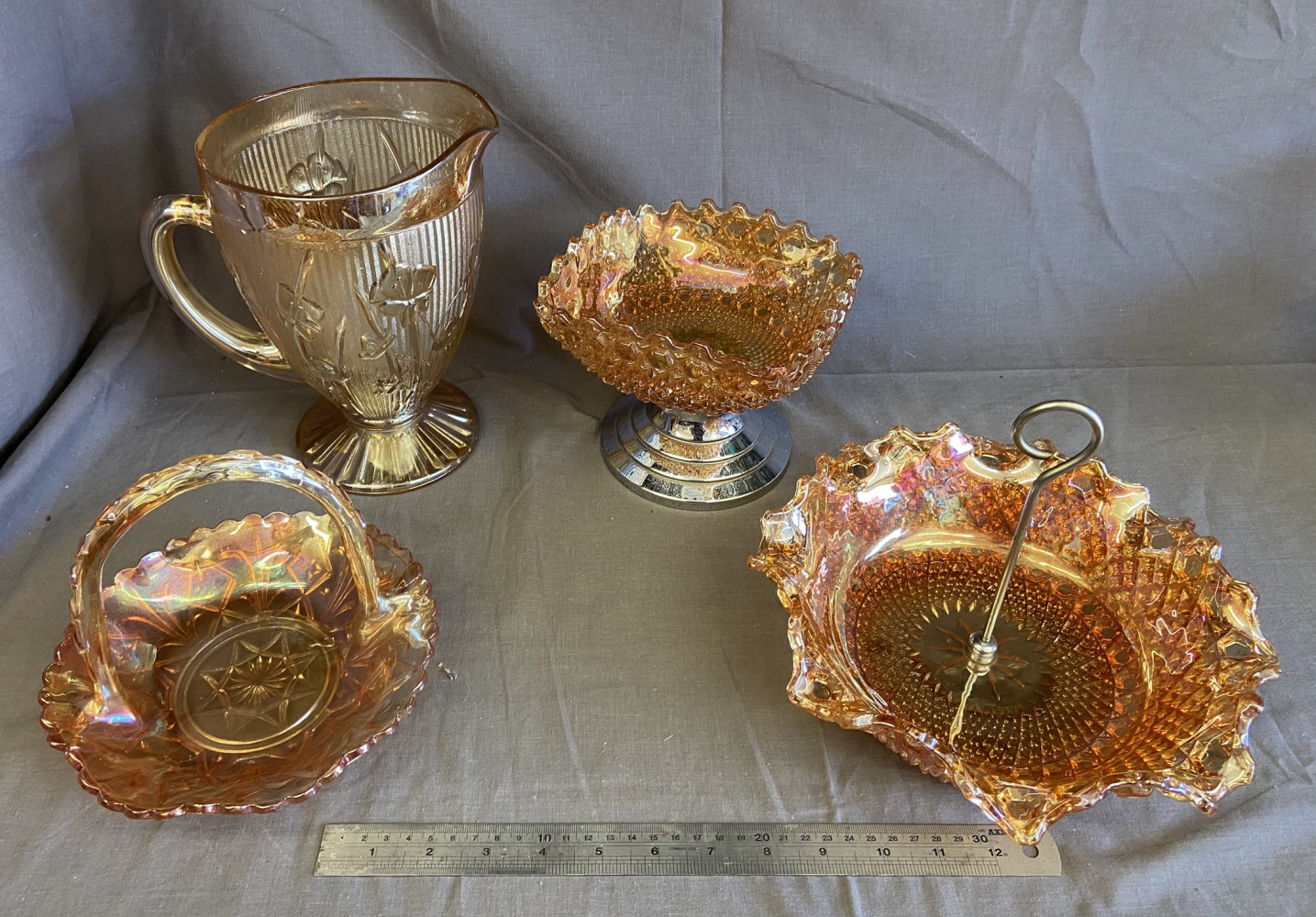 Large carnival glass jug, bowl, basket dish and cake platter